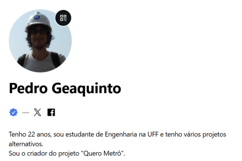 Hovercard do Gravatar com foto e nome de Pedro Geaquinto.Descrição: Tenho 22 anos, sou estudante de Engenharia na UFF e tenho vários projetos alternativos. Sou o criador do projeto "Quero Metrô".